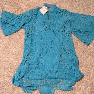 Victoria Dunn Blue Eyelet Caftan Dress with Slip